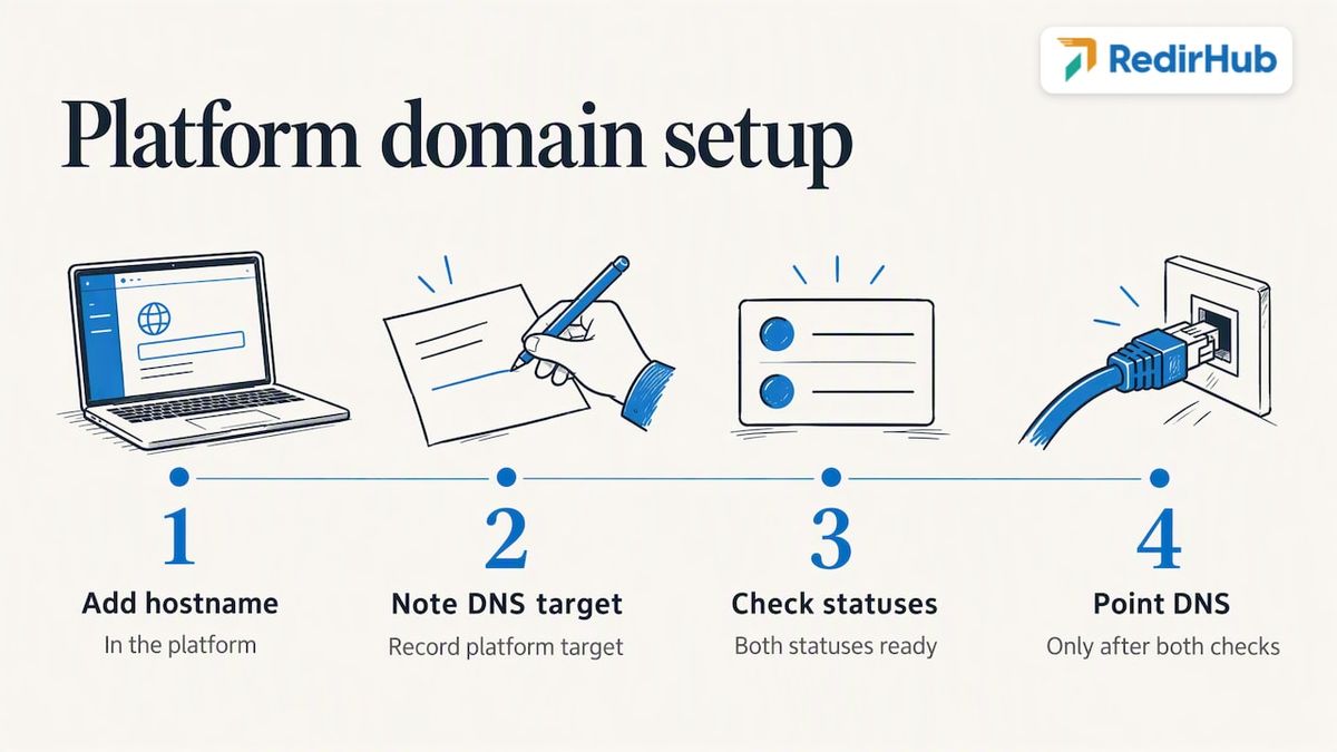 Diagram: add the domain in your platform before you point DNS at it