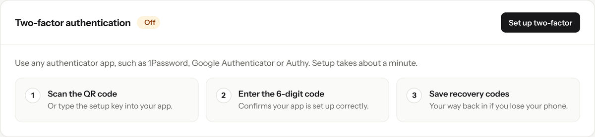 Two-factor authentication section, currently off, with a Set up two-factor button and three steps: scan the QR code, enter the 6-digit code and save recovery codes
