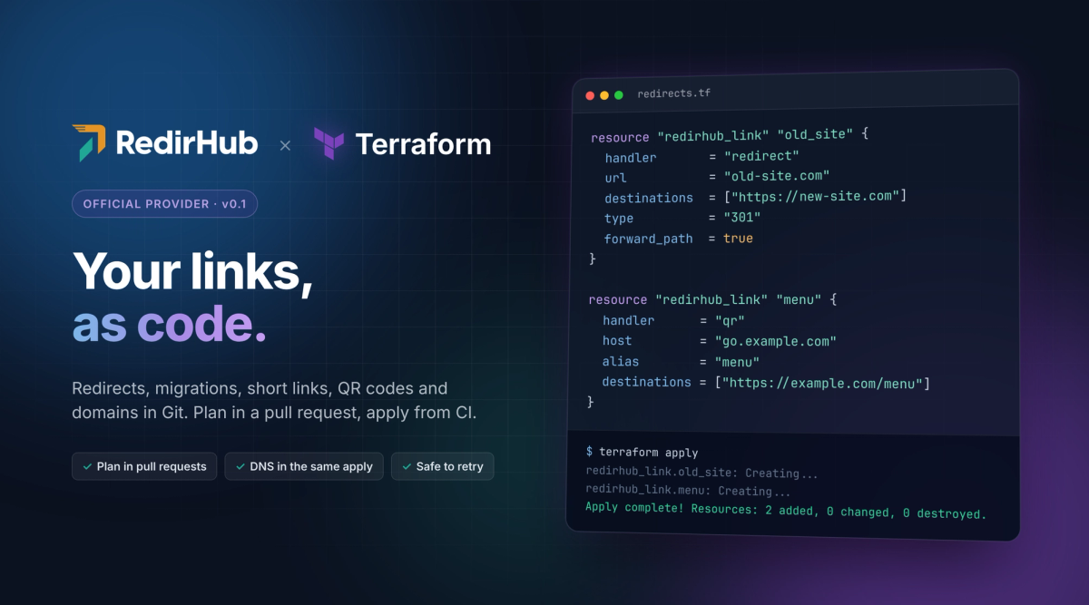 RedirHub × Terraform: a redirects.tf file with a redirect and a QR code link, and terraform apply creating both