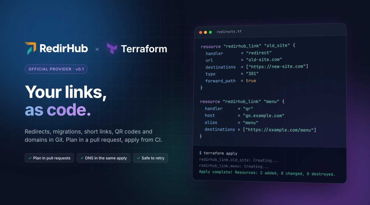 RedirHub × Terraform: a redirects.tf file with a redirect and a QR code link, and terraform apply creating both