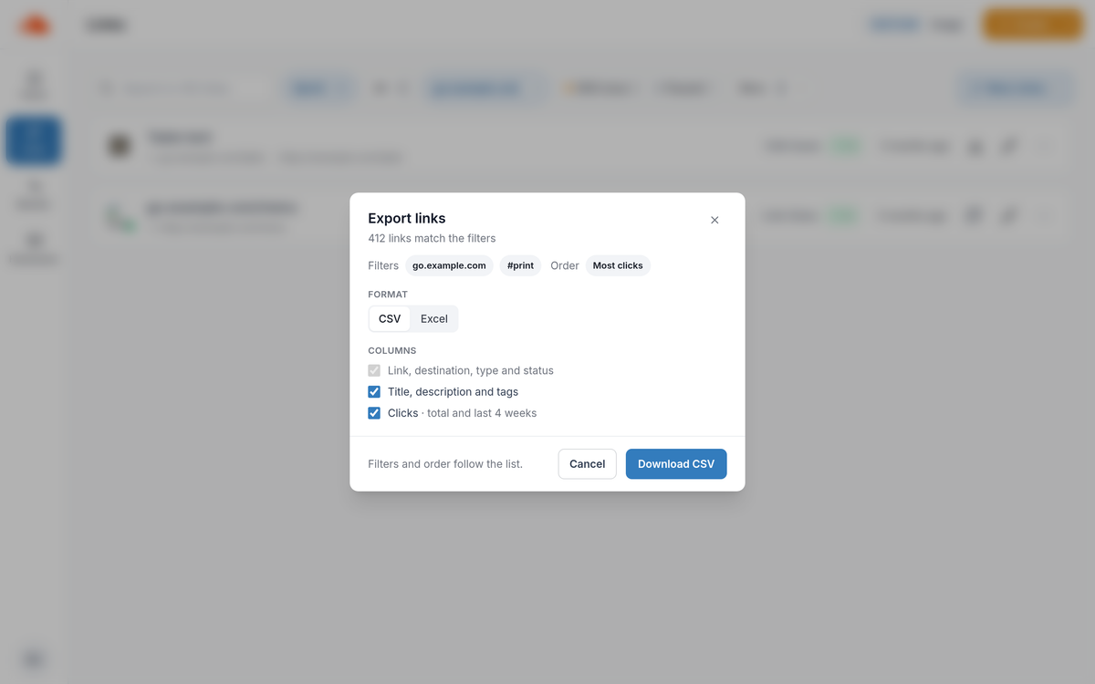 Export links dialog for 412 links matching the filters go.example.com and #print, ordered by Most clicks, with CSV or Excel and columns for link, destination, type and status, title, description and tags, and clicks (total and last 4 weeks)