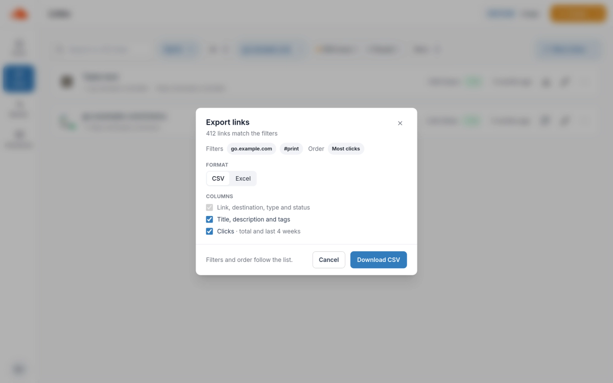 Export links dialog for 412 links matching the filters go.example.com and #print, ordered by Most clicks, with CSV or Excel and columns for link, destination, type and status, title, description and tags, and clicks (total and last 4 weeks)