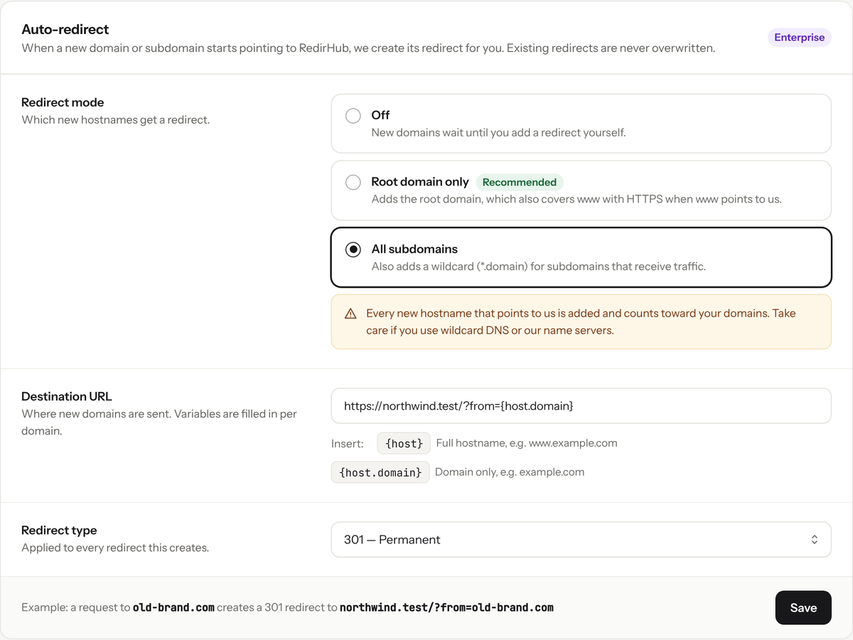 Auto-redirect settings with All subdomains selected and a warning about domain usage