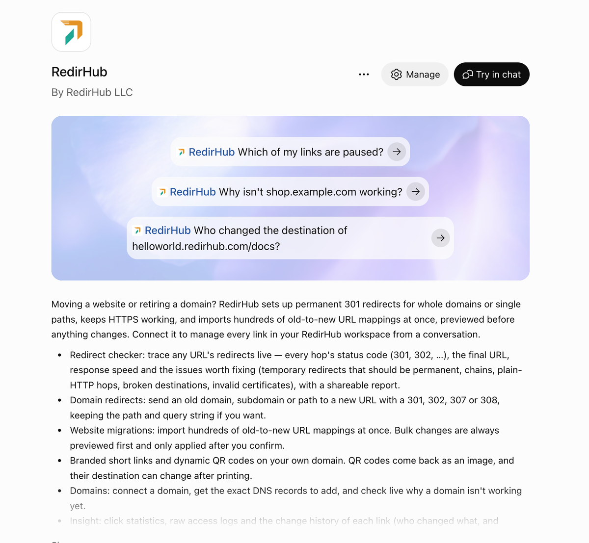 The RedirHub app page in the ChatGPT app directory, with example prompts and the Try in chat button