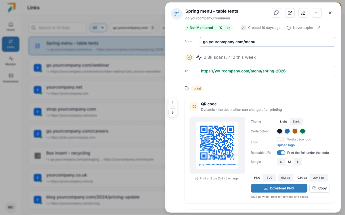 A QR code’s details: the code with theme, colour, workspace logo, readable URL and margin options, and PNG or SVG downloads