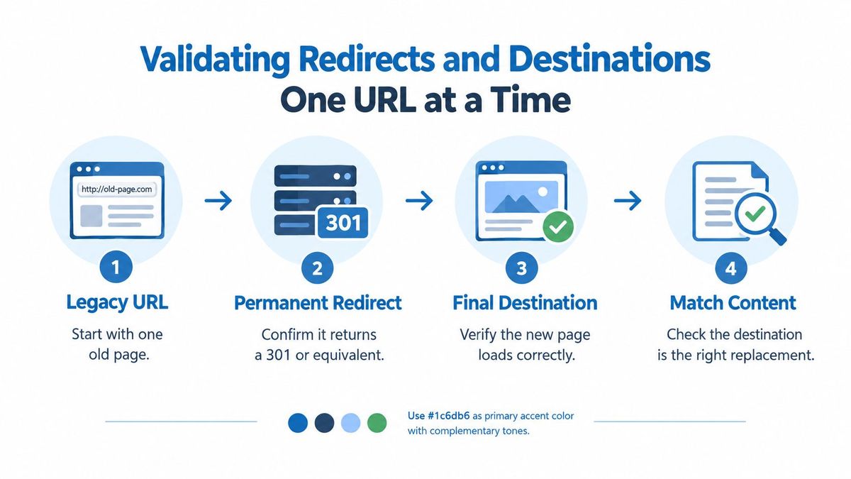 Redirect validation of legacy URLs during website migration testing