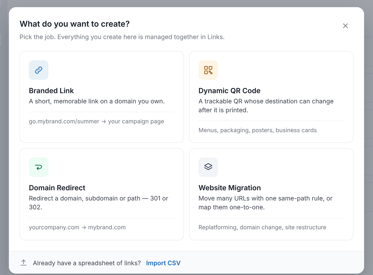 The Create dialog in the RedirHub dashboard asking What do you want to create, with four cards: Branded Link, Dynamic QR Code, Domain Redirect and Website Migration, and an Import CSV link at the bottom