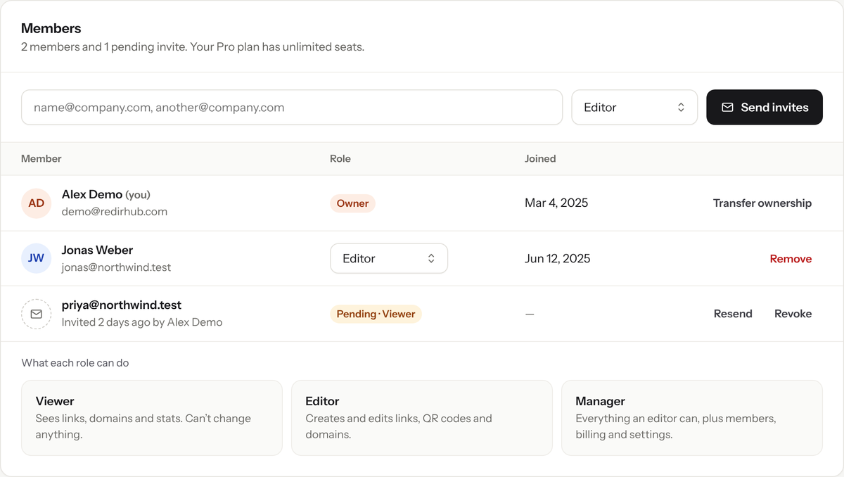 Members section with an email field, a role picker set to Editor and a Send invites button, a list of members with Owner and Editor roles, a pending Viewer invitation with Resend and Revoke, and a summary of what each role can do