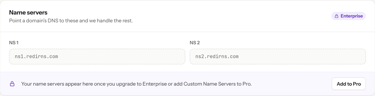 Locked Name servers section with an Enterprise badge and an Add to Pro button for the Custom Name Servers add-on