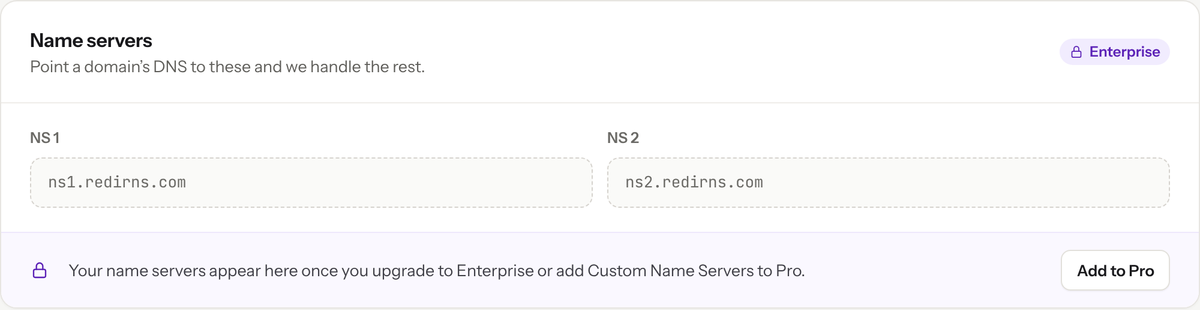 Locked Name servers section with an Enterprise badge and an Add to Pro button for the Custom Name Servers add-on