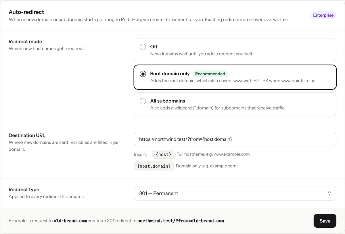 Auto-redirect settings with Root domain only selected, a destination URL using {host.domain} and a 301 redirect type