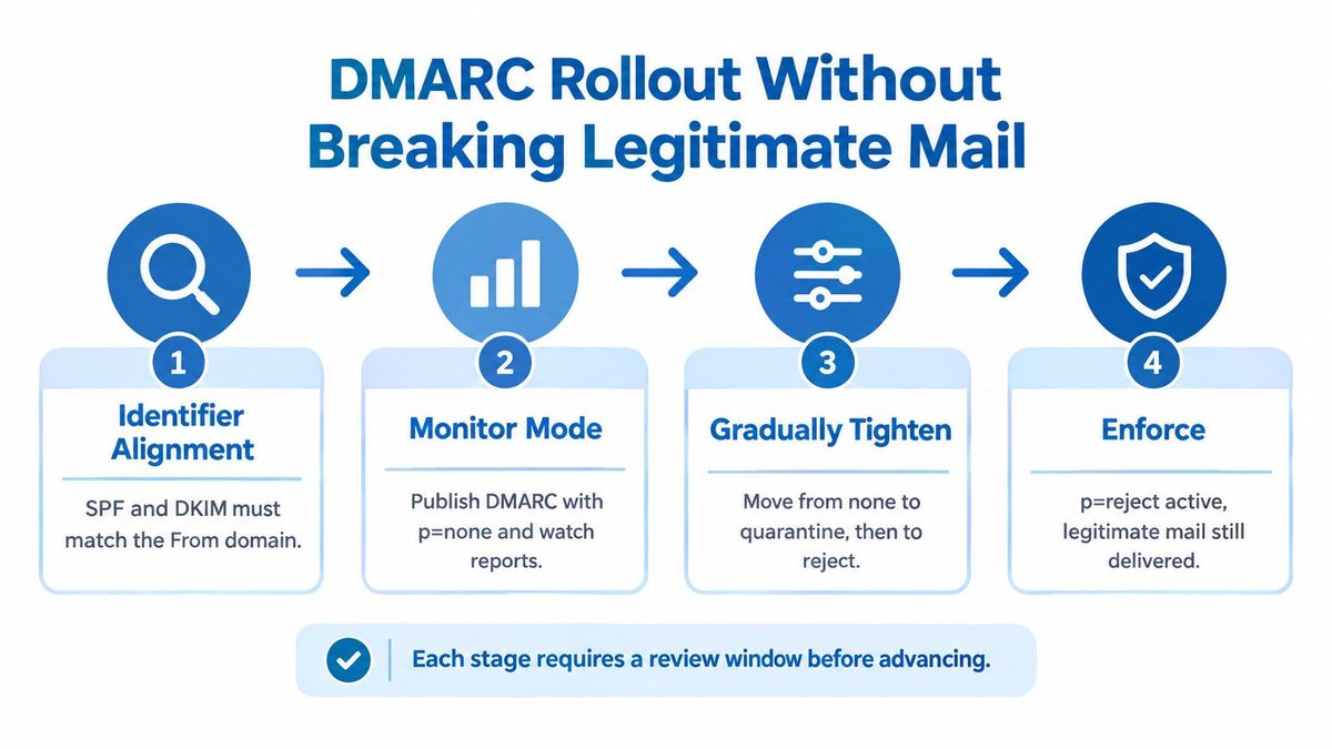 Diagram of a phased DMARC rollout from monitoring to enforcement