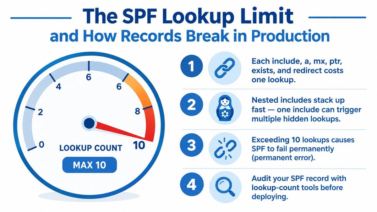Diagram of an SPF record and its chain of DNS lookups