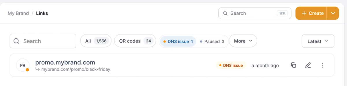 The Links page with the DNS issue filter selected. One link is left: promo.mybrand.com redirecting to mybrand.com/promo/black-friday, marked DNS issue
