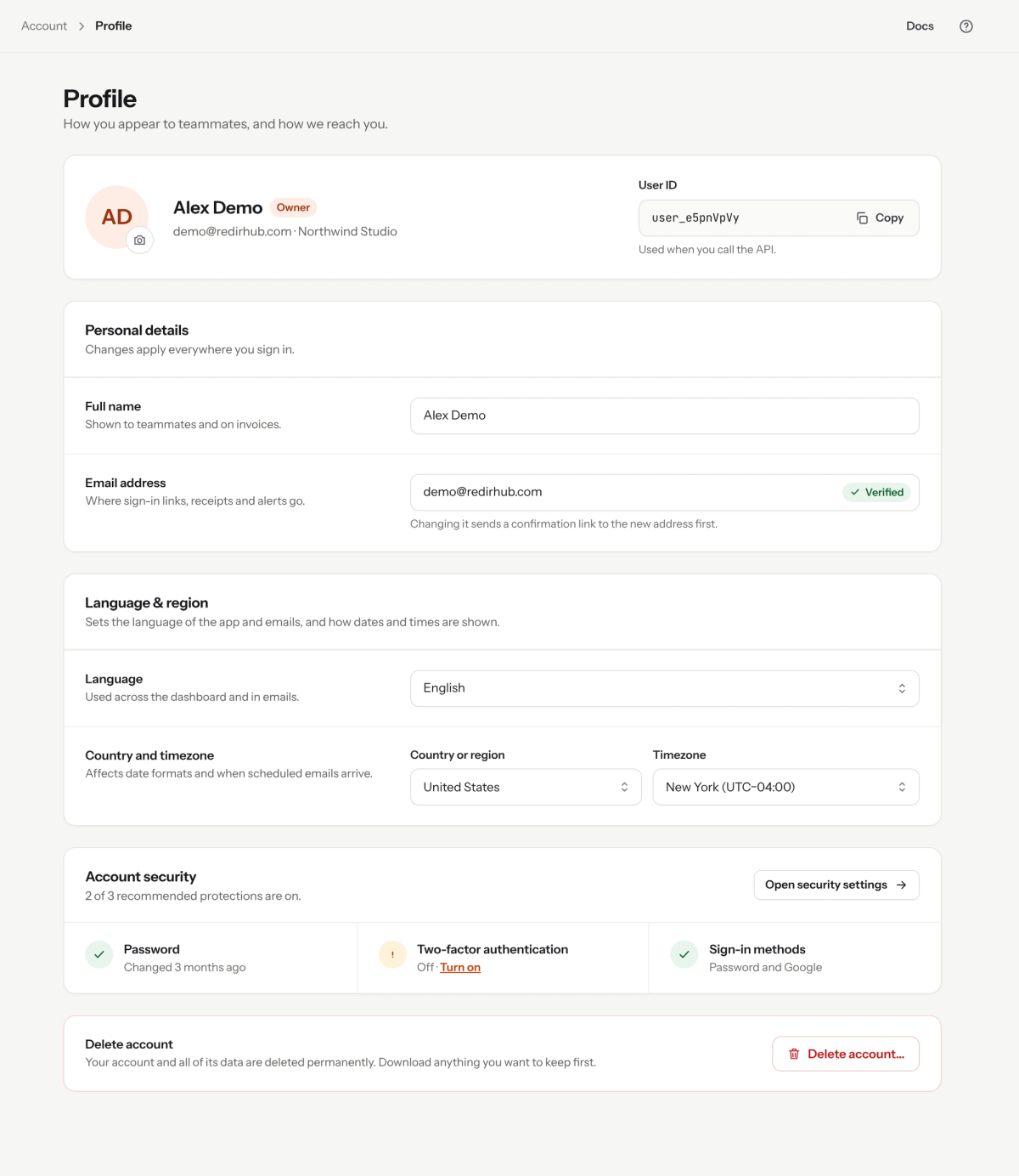 Profile page with personal details, a Language & region section with language set to English, country set to United States and timezone set to New York, account security and delete account