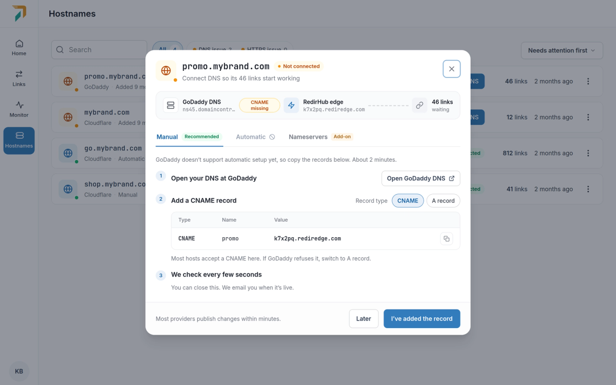 Connect DNS on the Manual tab: open your DNS provider, add a CNAME record, with a switch between CNAME and A record