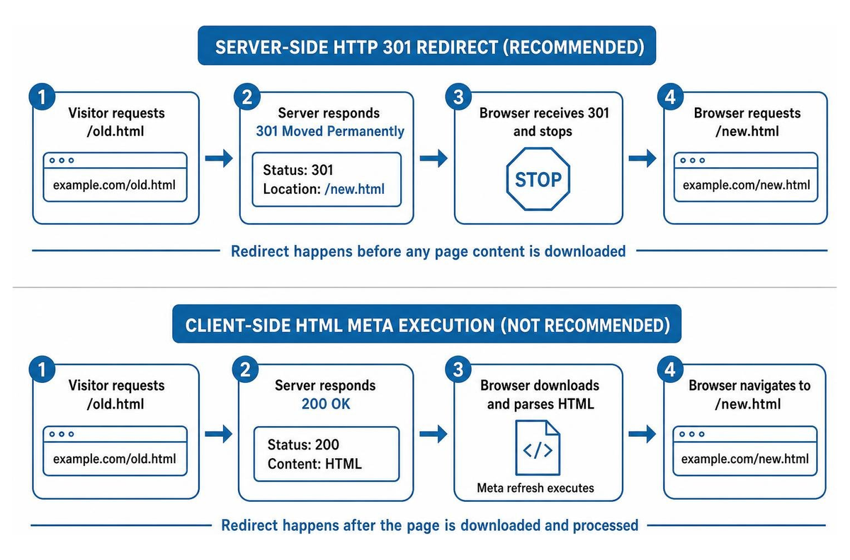 Diagram comparing a server-side 301 redirect with a client-side HTML meta refresh: the 301 answers with a Location header before any page is downloaded, while the meta refresh returns 200 OK and redirects after the HTML is parsed