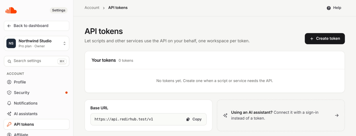 The API tokens page with a Create token button and the API base URL