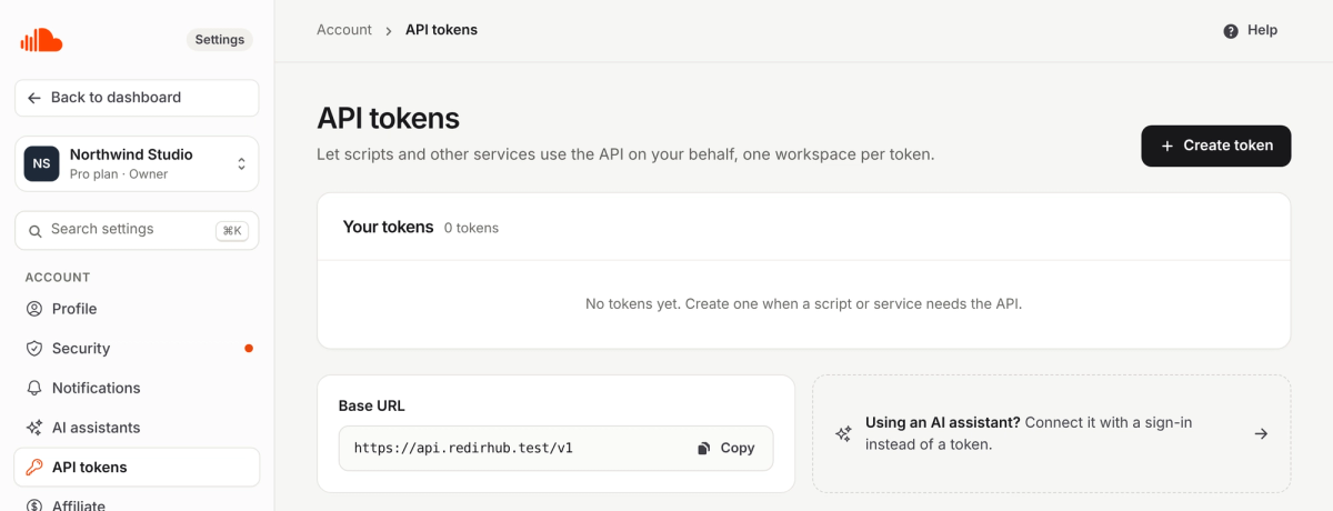 The API tokens page with a Create token button and the API base URL