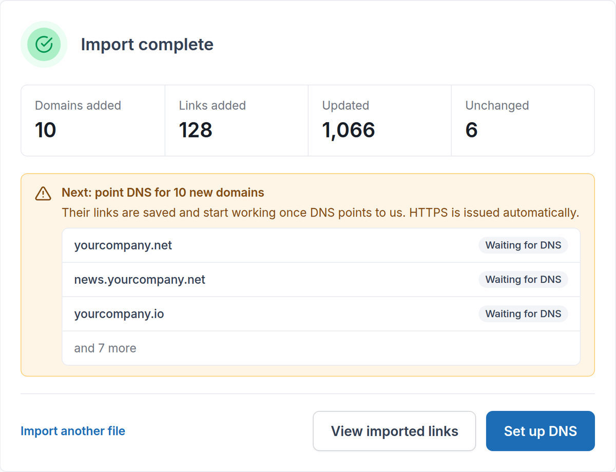Import complete: domains and links added, updated and unchanged, and the DNS next step for new domains