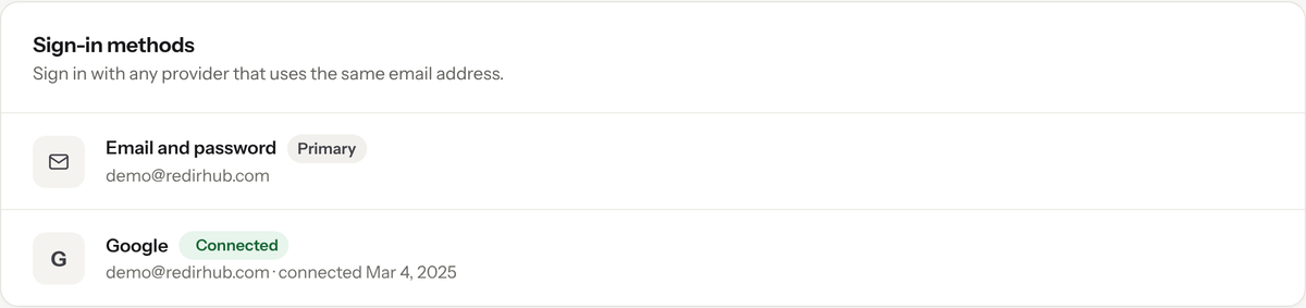 Sign-in methods list showing Email and password as primary and Google connected