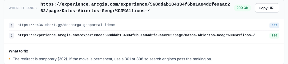 Redirect chain for the Short.io link: 302 to an ArcGIS page, 200; What to fix: the redirect is temporary (302)