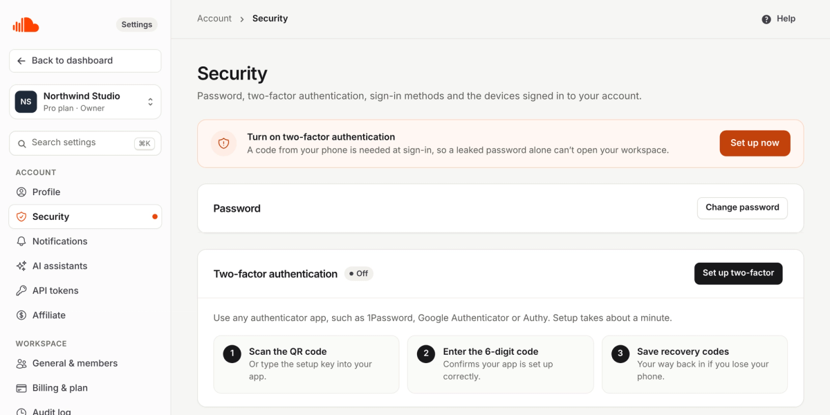 The new Security page: two-factor setup in three steps and a password section, with the settings sidebar on the left