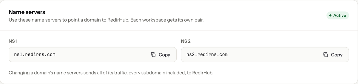 Network settings showing the workspace's two name servers with copy buttons