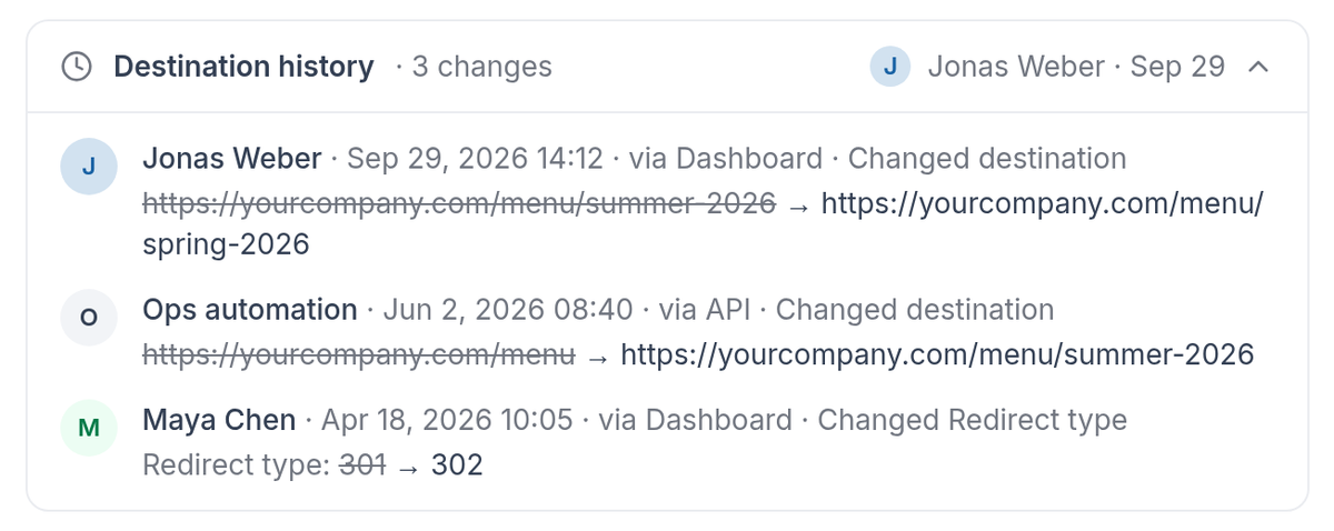 Destination history panel with 3 changes: two destination changes via Dashboard and API, and a redirect type change from 301 to 302