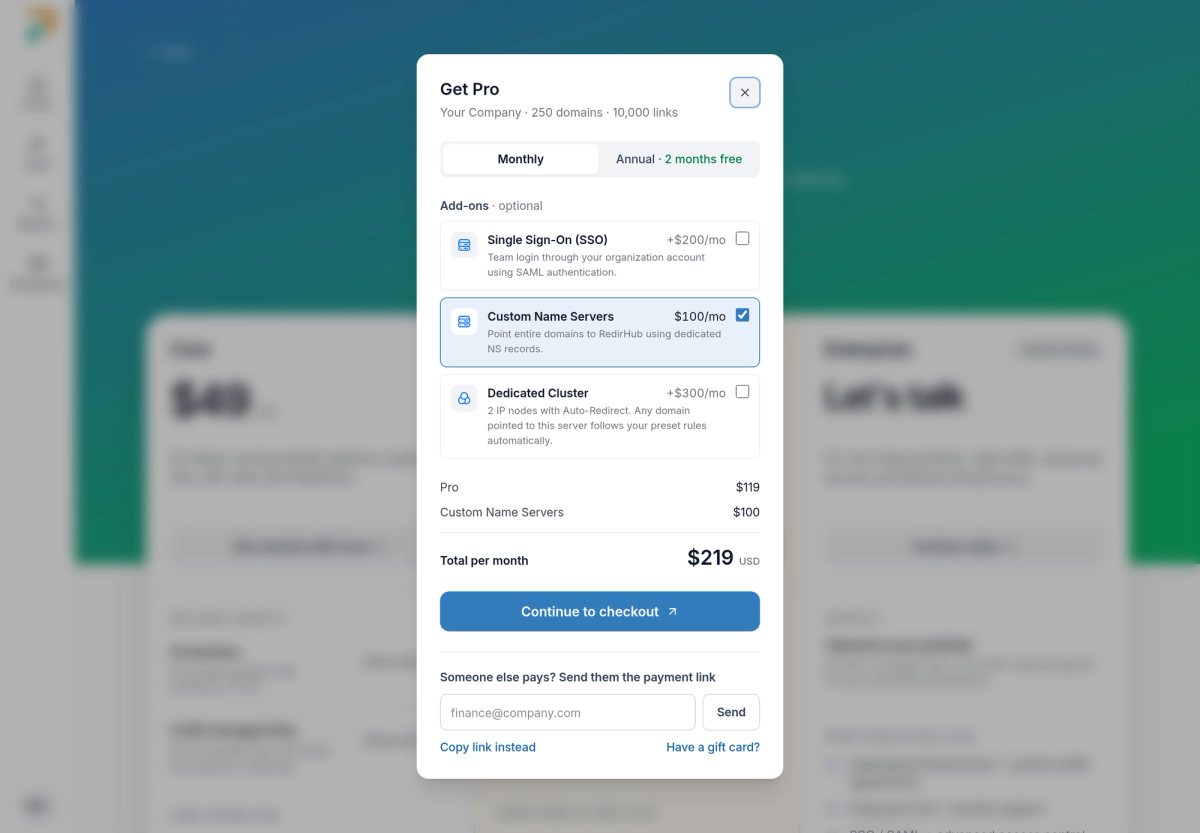 The Pro plan dialog with optional add-ons: Single Sign-On, Custom Name Servers and Dedicated Cluster, and the total per month