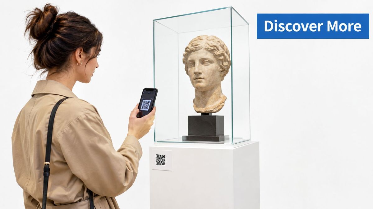Visitor scanning a QR code on a museum exhibit label