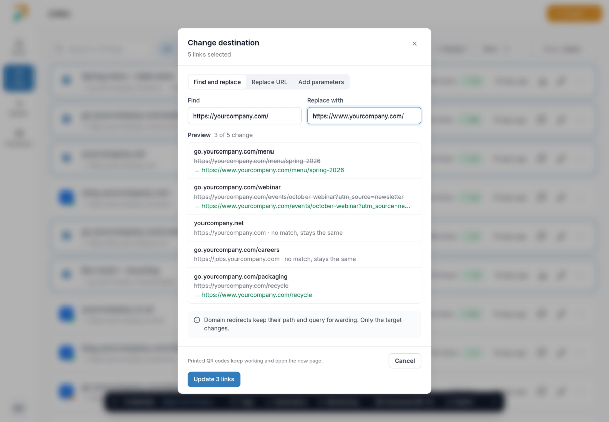 Change destination: find and replace across 5 links, with a preview of the 3 that change and the 2 that stay the same