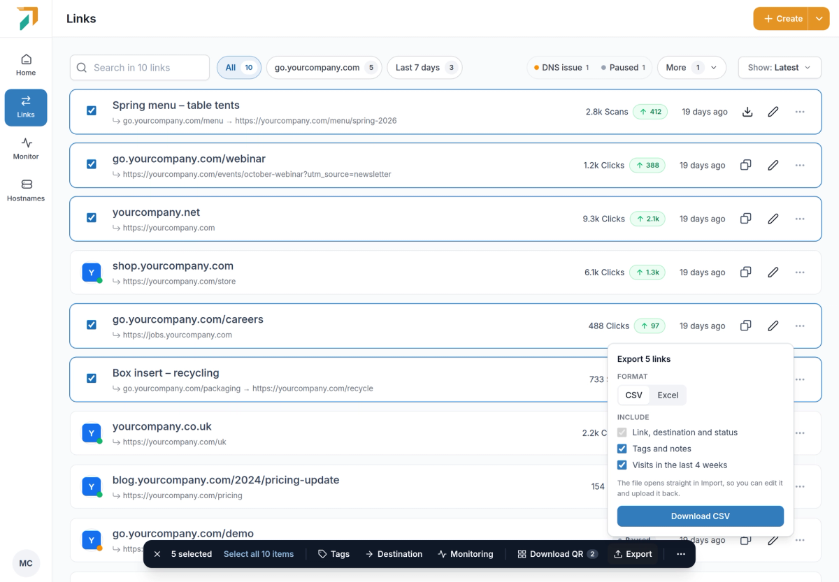 Export 5 links: CSV or Excel, including tags and notes and visits in the last 4 weeks