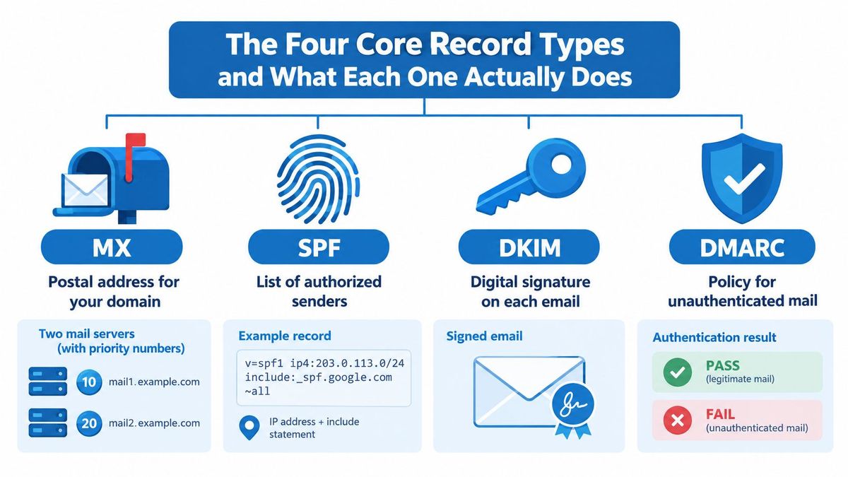 Diagram of the DNS records used to receive and authenticate email