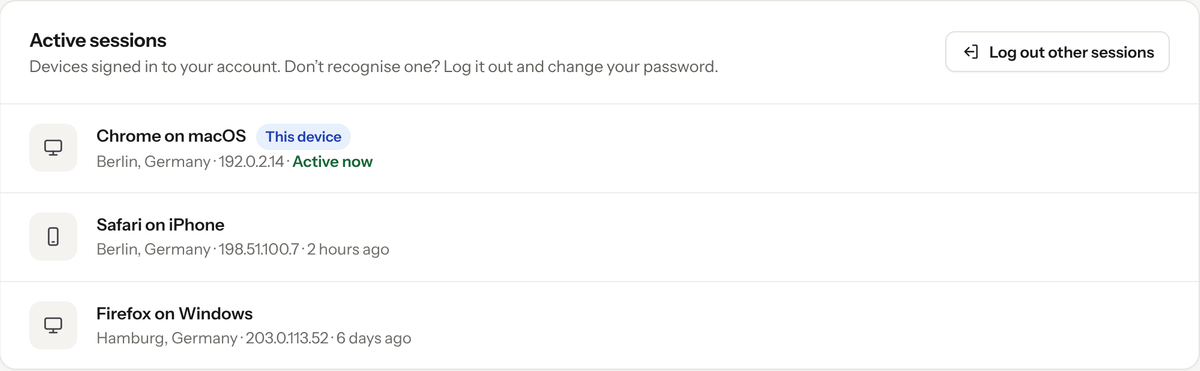 Active sessions list with Chrome on macOS marked This device, Safari on iPhone and Firefox on Windows, and a Log out other sessions button