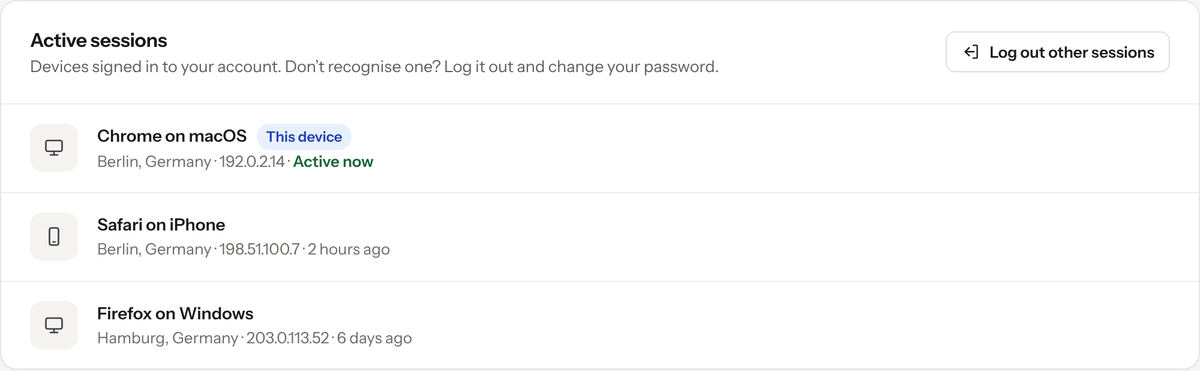 Active sessions list with Chrome on macOS marked This device, Safari on iPhone and Firefox on Windows, and a Log out other sessions button