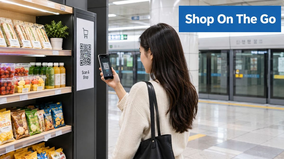 Shopper scanning a QR code on a product display with a phone