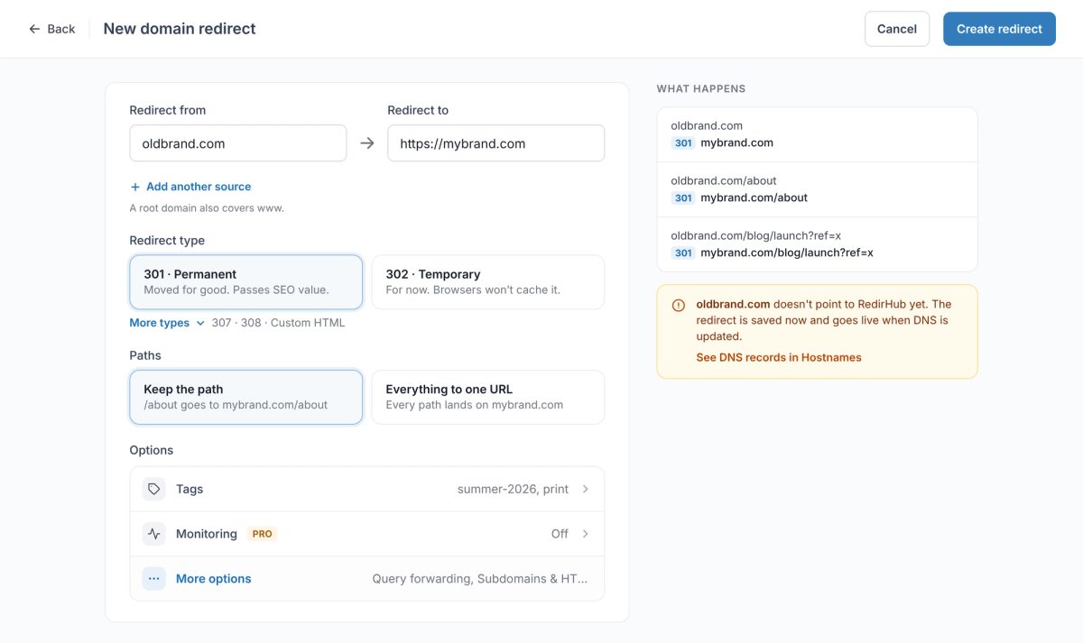 RedirHub New domain redirect screen: Redirect from oldbrand.com, Redirect to https://mybrand.com, 301 · Permanent and Keep the path selected, with the What happens panel showing each path redirecting with 301