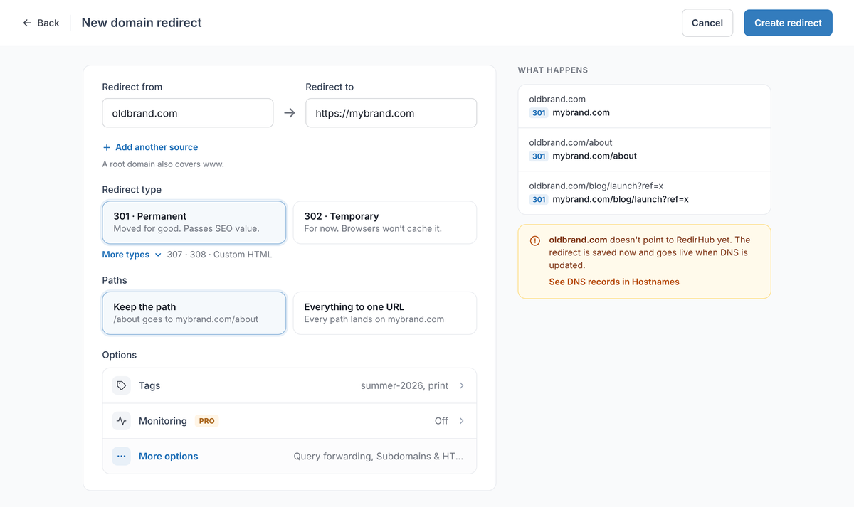 RedirHub New domain redirect screen: Redirect from oldbrand.com, Redirect to https://mybrand.com, 301 · Permanent and Keep the path selected, with the What happens panel showing each path redirecting with 301