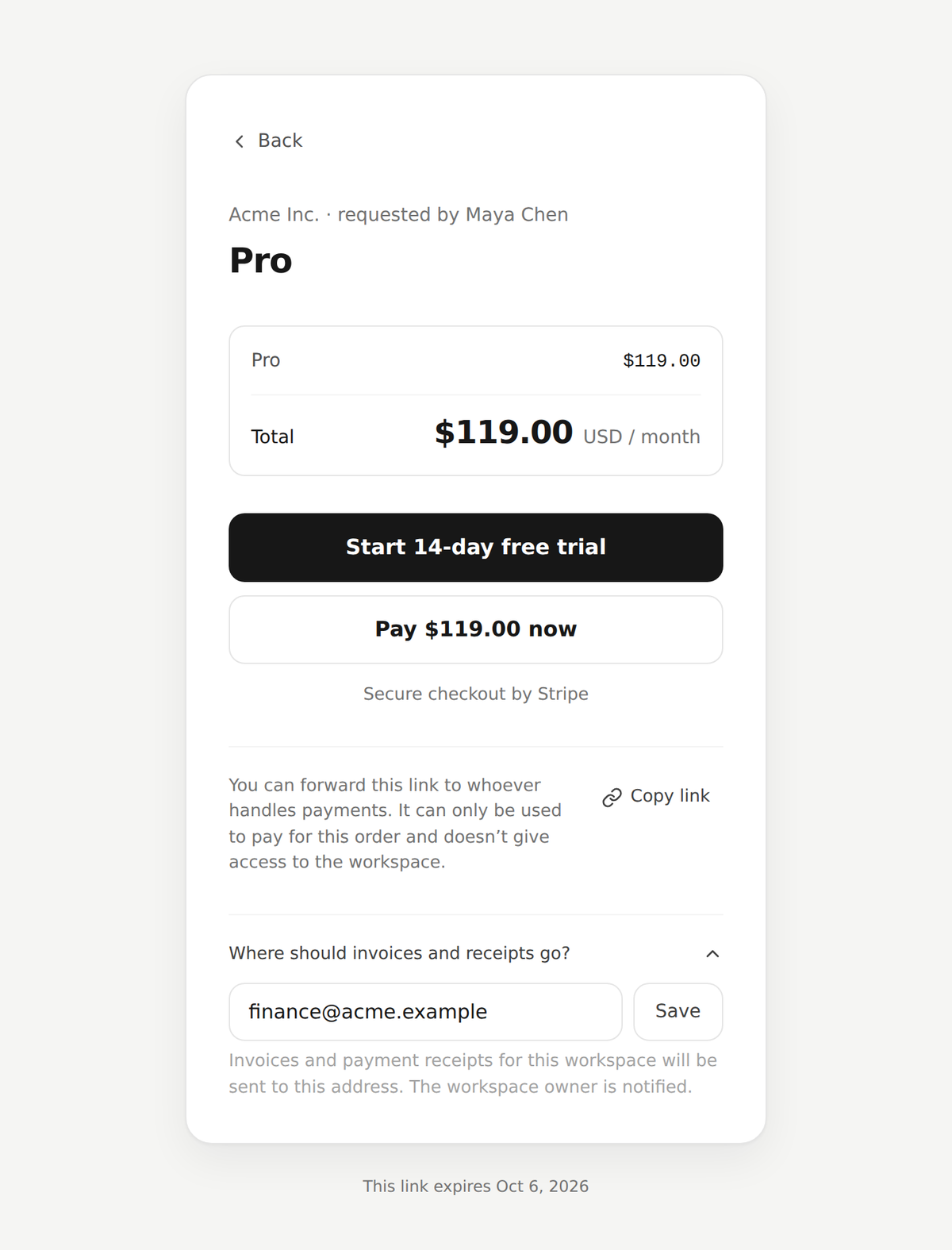 Checkout page showing the workspace, who requested it, the total per month and the payment buttons