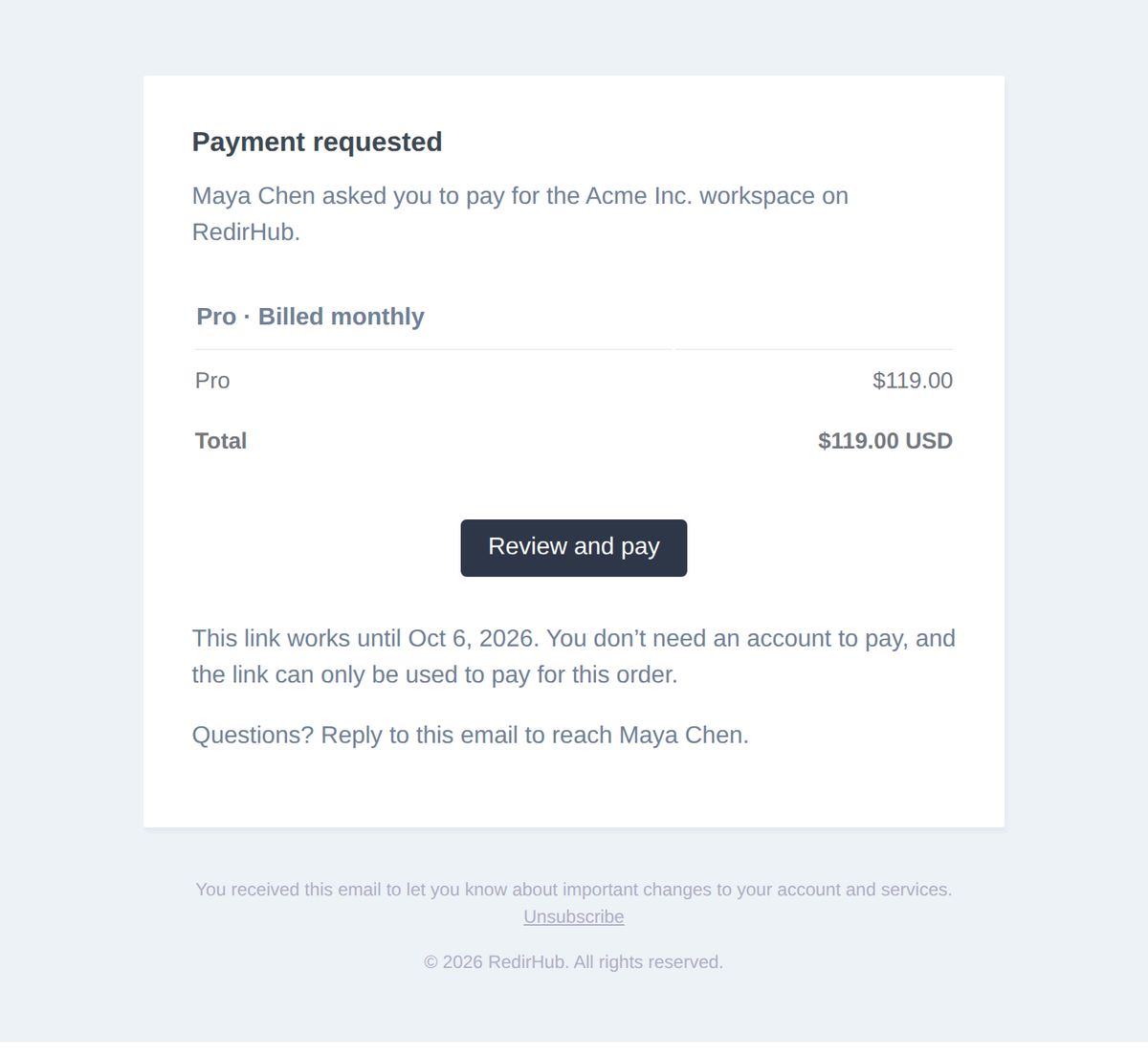 Payment request email with the plan, line items, total, link expiry and a Review and pay button