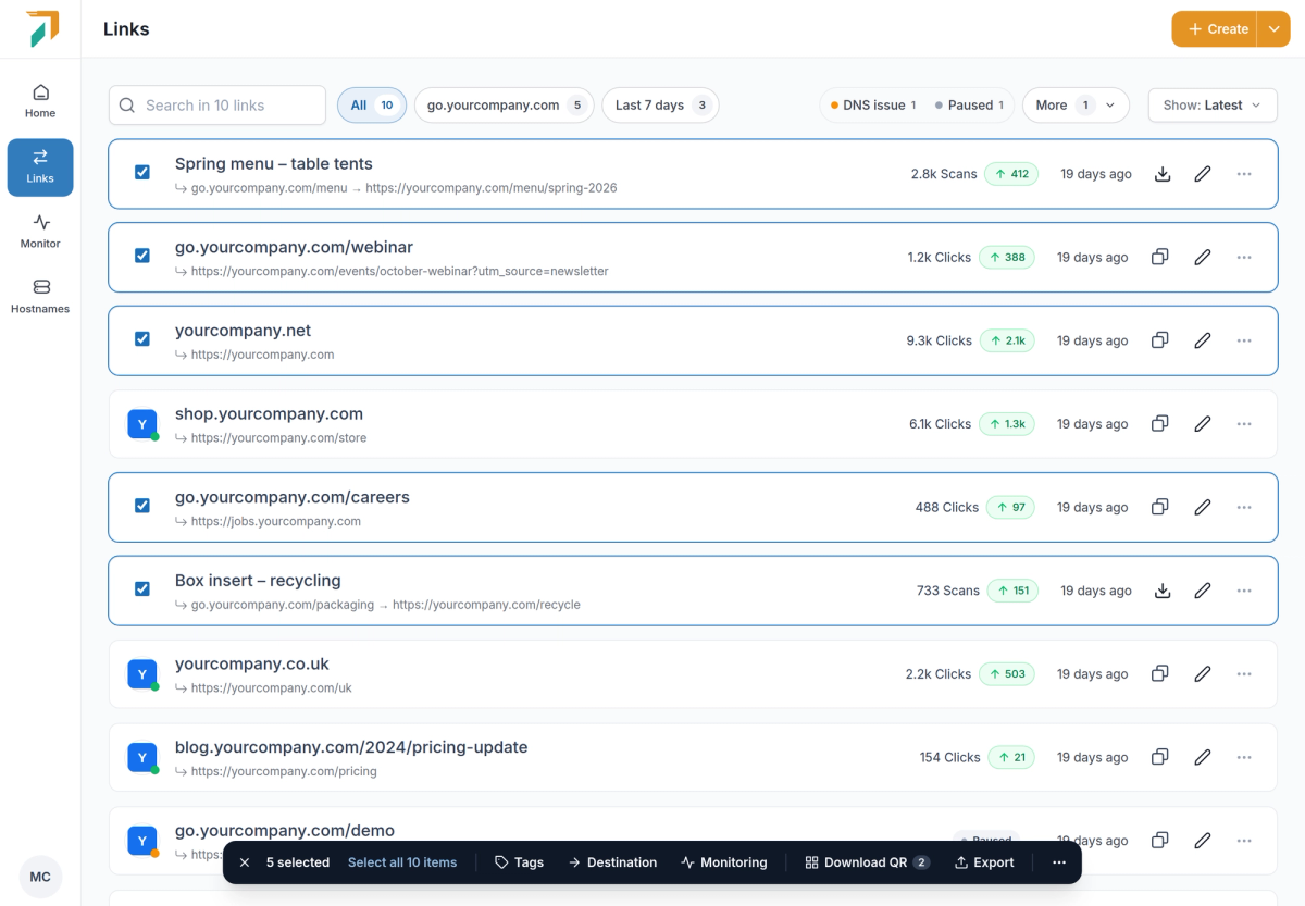 Links list with five links selected and the bulk bar showing Tags, Destination, Monitoring, Download QR and Export