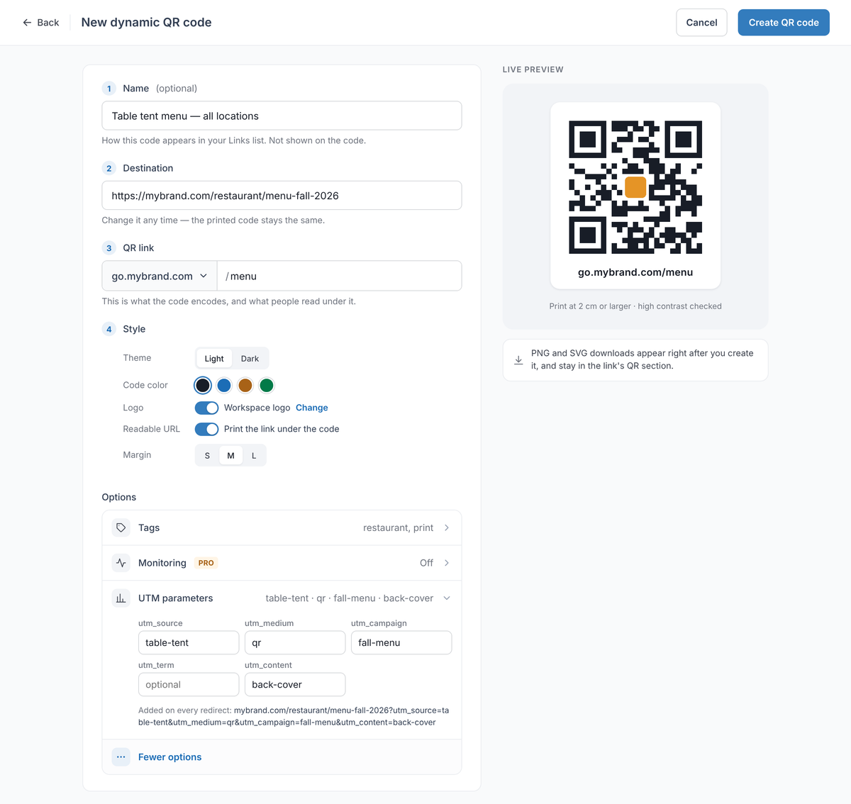 RedirHub New dynamic QR code screen: Name 'Table tent menu — all locations', Destination https://mybrand.com/restaurant/menu-fall-2026, QR link go.mybrand.com/menu, Style options, and UTM parameters utm_source table-tent, utm_medium qr, utm_campaign fall-menu, utm_content back-cover added on every redirect, with a live preview of the code