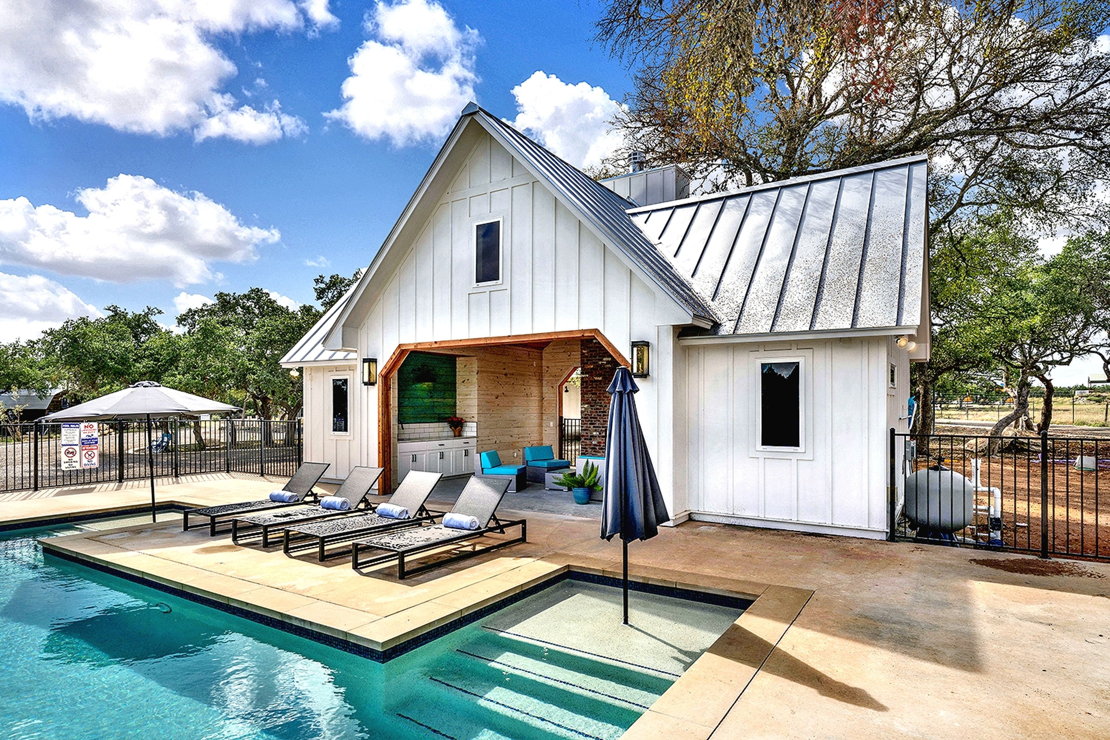 The pool, pavilion, and stone fireplace at Wayside Wimberley