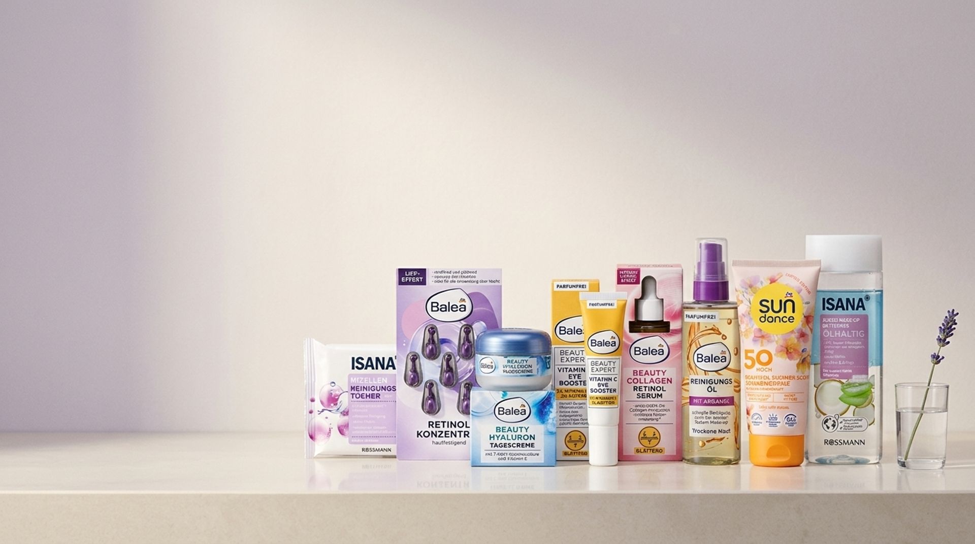 Balea, ISANA, Schaebens and alverde skincare products standing on a cream shelf