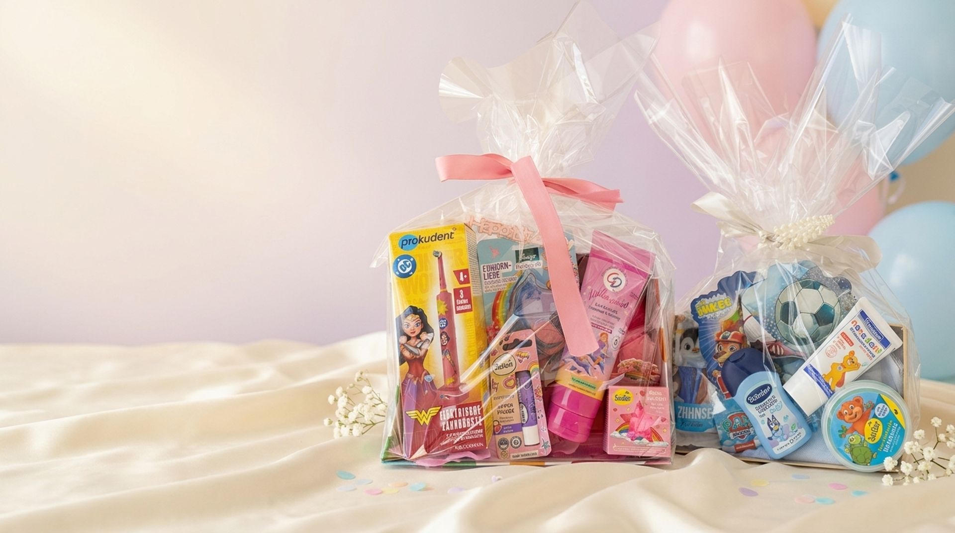 Two kids' gift boxes from Ola Beauty, wrapped in cellophane with pink and cream ribbons, filled with German kids' care products