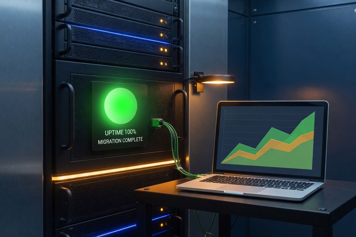 Clean server rack with uptime light beside a laptop analytics chart