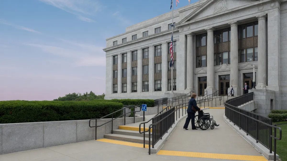 Courthouse exterior with accessible entrance ramp