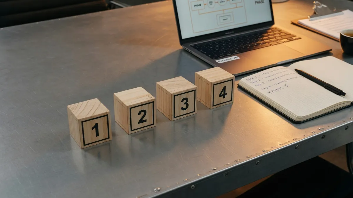 Numbered process blocks one through four on a steel desk