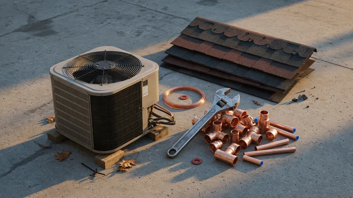 Still life of HVAC, plumbing, and roofing tools and materials